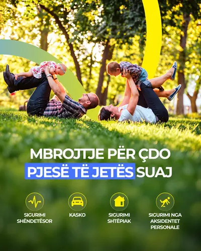 Mbrojtje për çdo pjesë të jetës suaj: sigurimi shëndetësor, kasko, sigurimi shtëpiak dhe sigurimi nga aksidentet personale. Një familje duke luajtur në park.